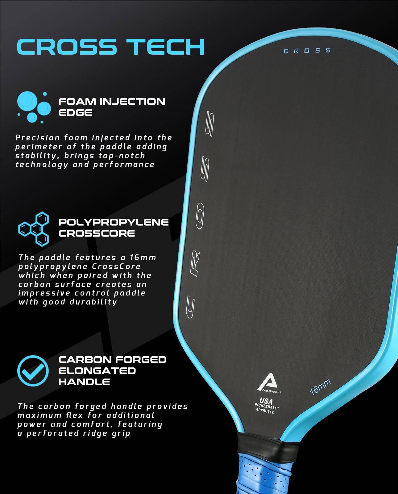 AMA SPORT Cross Pickleball Paddle Blue (USAPA Approved) - Gem Sports