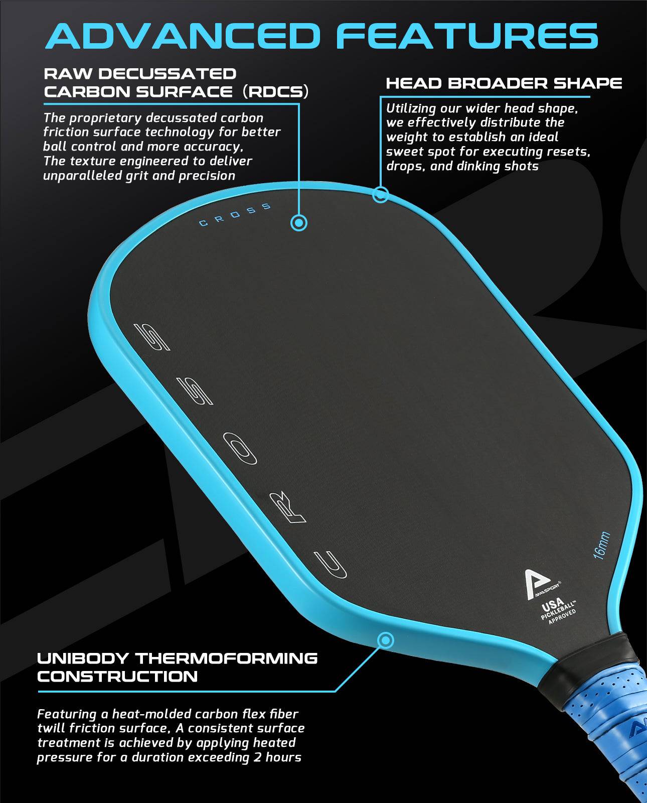 AMA SPORT Cross Pickleball Paddle Blue (USAPA Approved) - Gem Sports