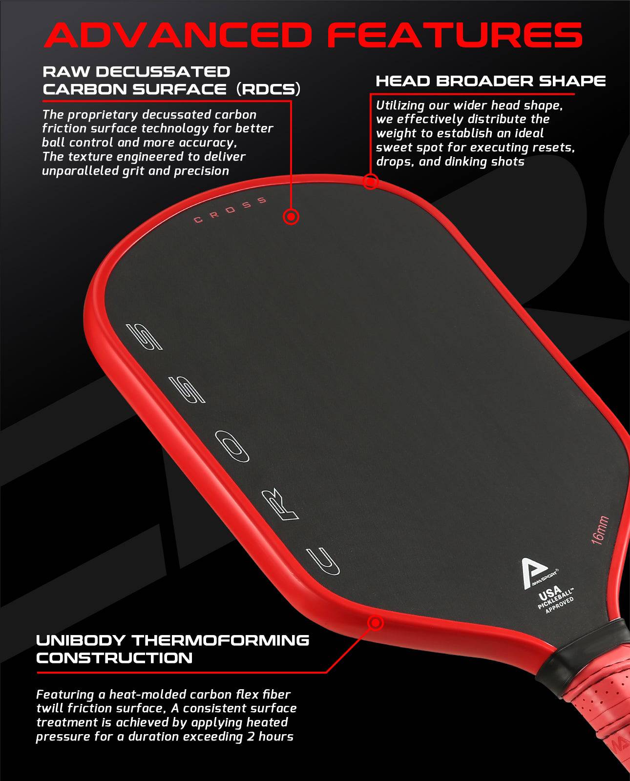 AMA SPORT Cross Pickleball Paddle Red (USAPA Approved) - Gem Sports