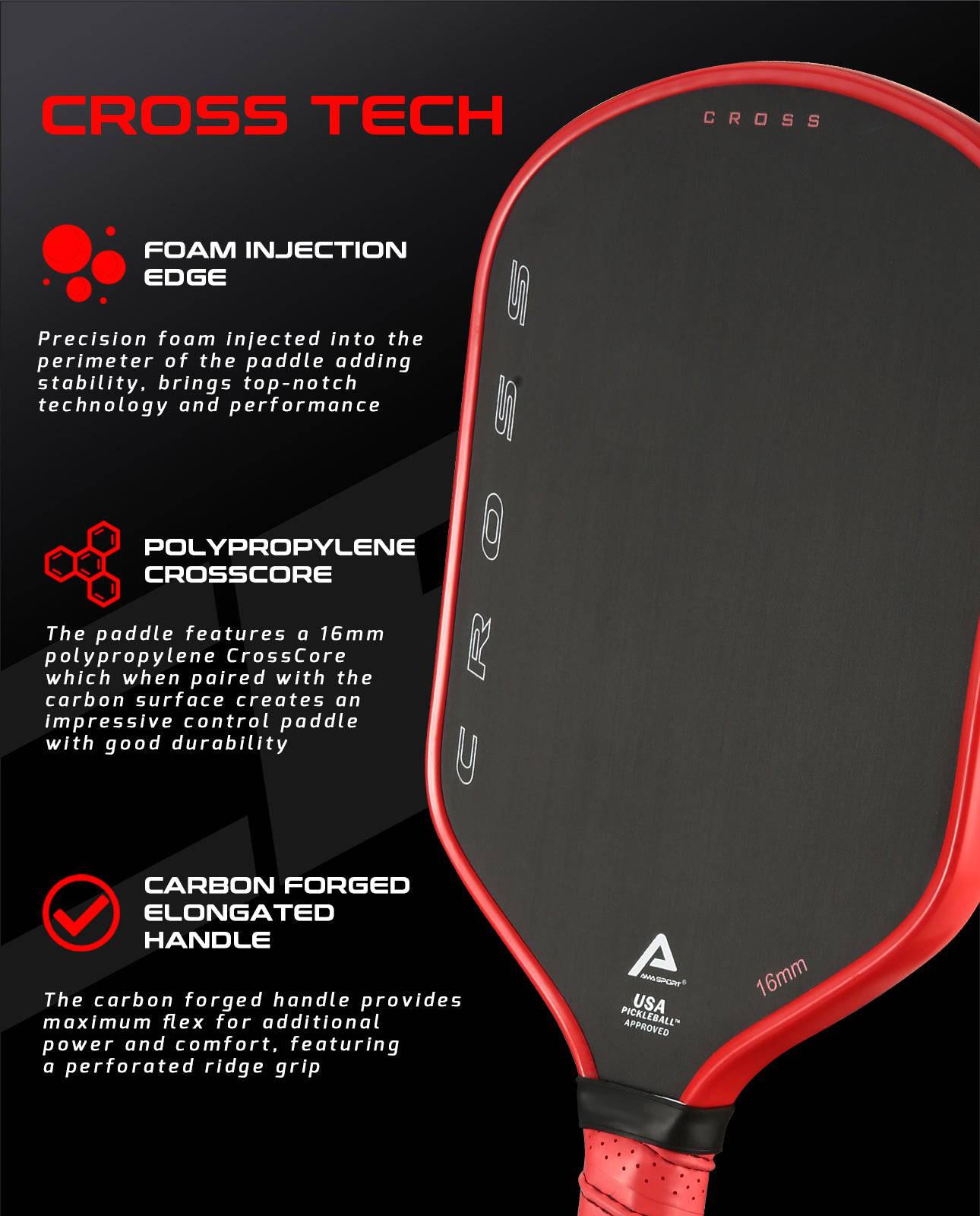 AMA SPORT Cross Pickleball Paddle Red (USAPA Approved) - Gem Sports