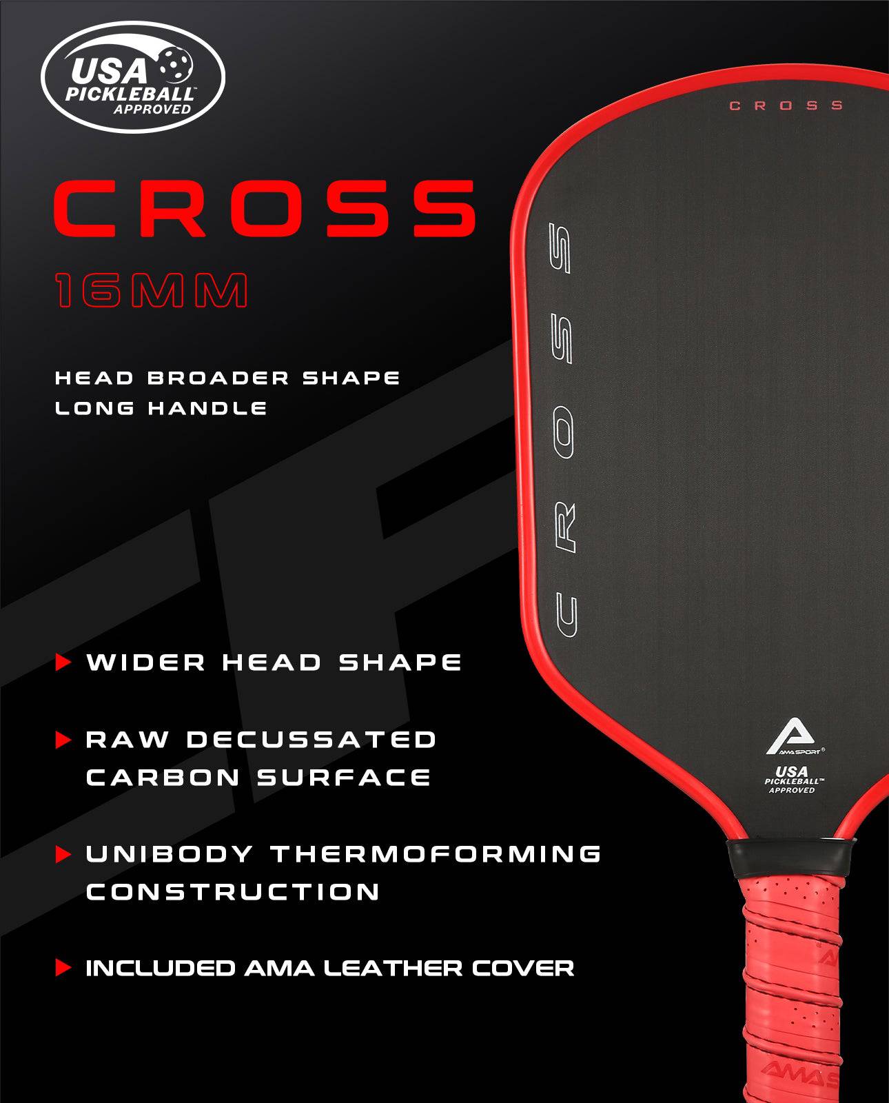 AMA SPORT Cross Pickleball Paddle Red (USAPA Approved) - Gem Sports