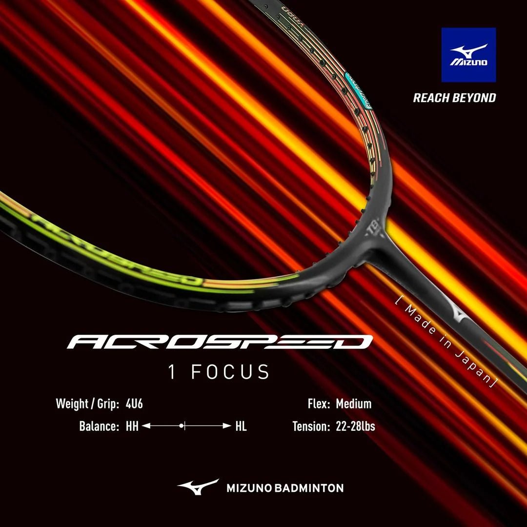 MIZUNO ACROSPEED 1 FOCUS (Black/Red) 4U/G6 Badminton Racquet – Unstrung & Free Grip - Gem Sports